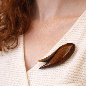Vintage Wood & Metal Abstract Brooch Pin 2.5″ Mid Century Retro Accessory